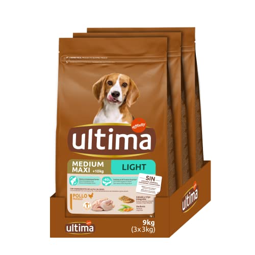 Ultima Medium-Maxi Light In Fat Pollo, Comida seca para perros, Pack de 3 x 3kg, Total 9kg