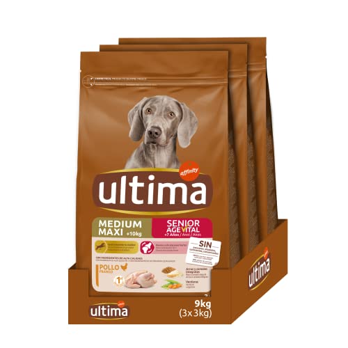 Ultima Medium-Maxi Senior Pollo, Comida seca para perros, Pack de 3 x 3kg, Total 9kg