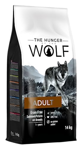 The Hunger of Wolf Alimento seco para perros adultos y perros alérgicos, fórmula delicada sin cereales con salmón y patatas- 14 kg