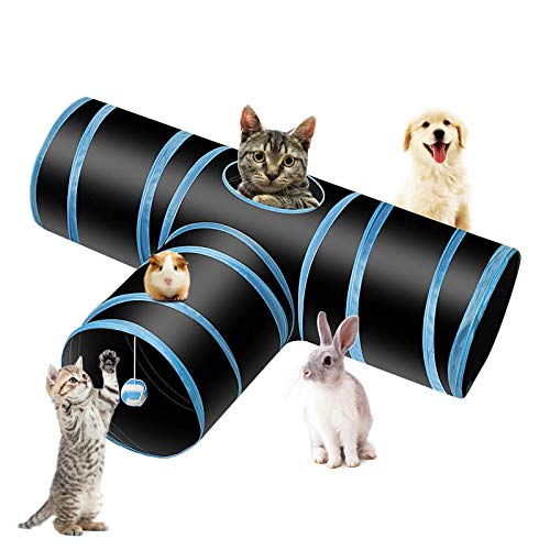 PHYLES Túnel para Gatos, Prima 3 Vías Tubo para Gatos, PET Plegable Divertido Juego Juguete Tubo de Gatos, Juguete con Pompón y Campanas para Gato, Gato Jugar Túnel Casa del Laberinto(Negro y Azul)