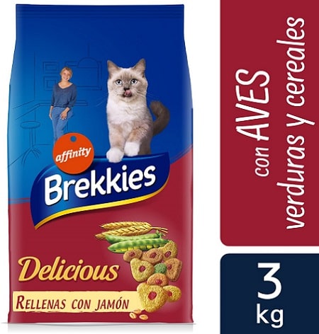 Alimento Seco para gatos adultos Brekkies Delicious Rellenas de Jamón